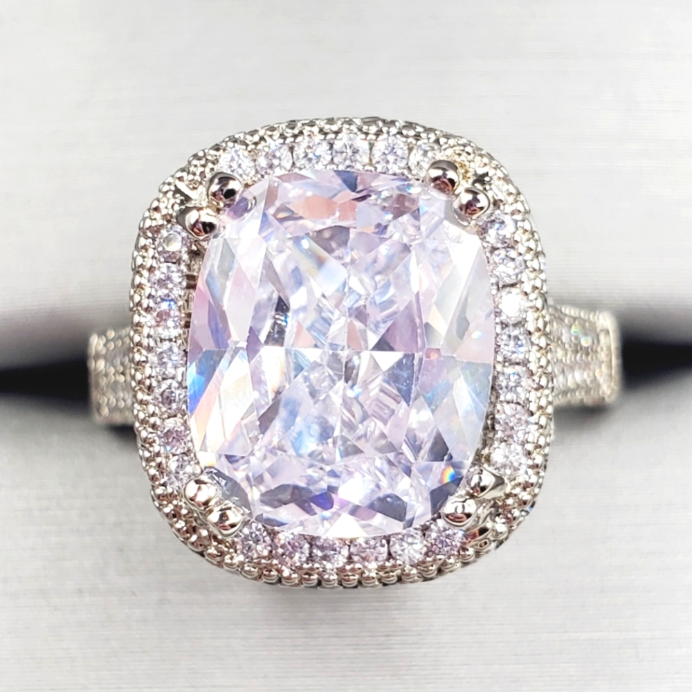 Cushion Cut White Diamond Simulants Silver Tone Pave Halo Engagement Ring
